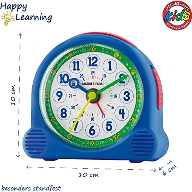JACQUES FAREL Happy Learning Lernwecker Kinder-Wecker Blau Grün ohne Ticken, mit Licht, Snooze und analoger Quarzzeitstellung, 10 x 10 cm – Bild 4