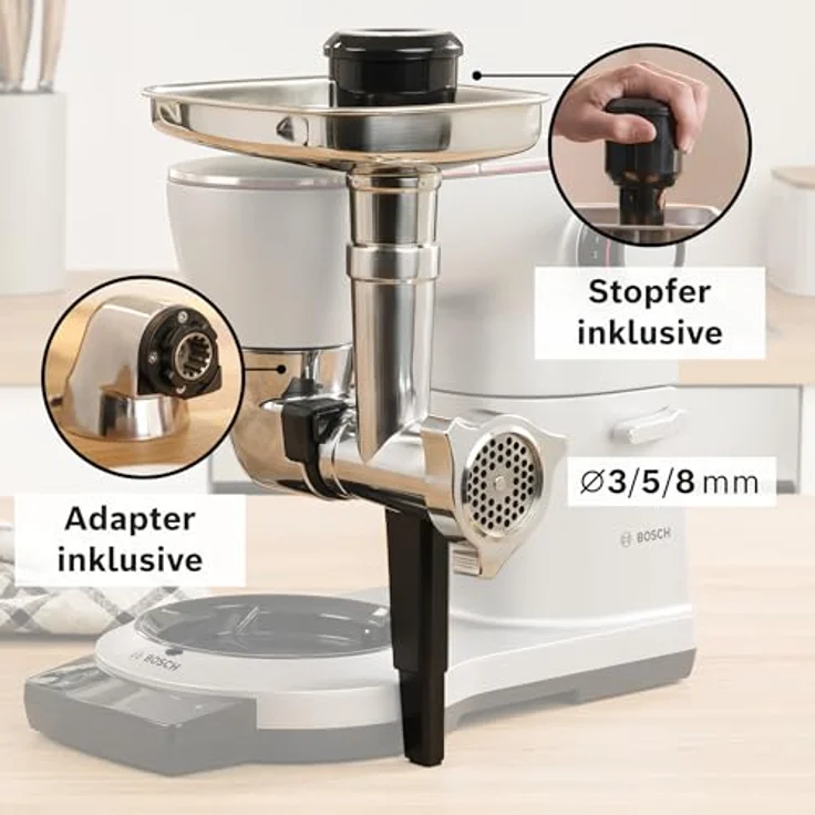 Bosch MUZ9HA1 Lifestyle Set Hunting Adventure, Fleischwolf, Wurststopfer, Kebbevorsatz, Lochscheiben 3,5-8 mm für Küchenmaschinen OptiMUM – Bild 2