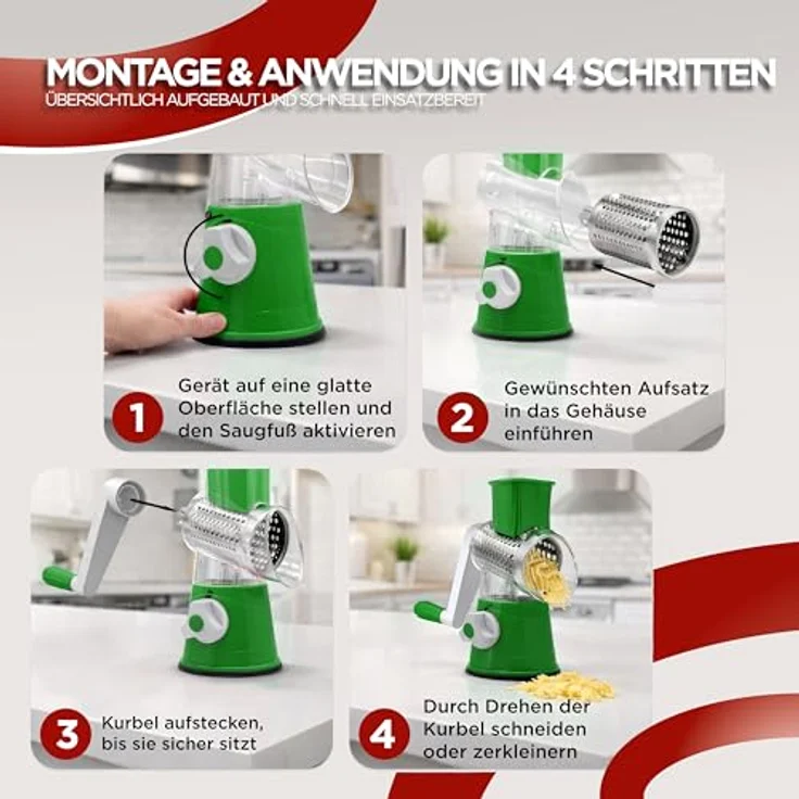 BI International Gemüseschneider mit Kurbel, Trommelreibe mit 3 Edelstahl-Klingen, stabiler Saugfuß und Lebensmittelschieber – Bild 5