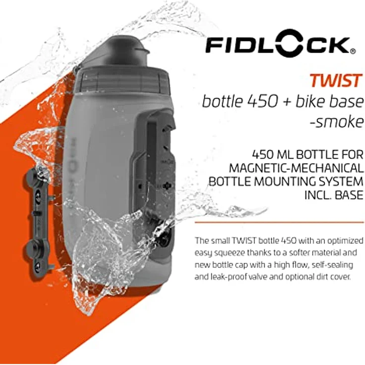 Fidlock TWIST Bottle 450 + Bike Base Set, 450 ml Trinkflasche mit selbstschließender Membran, transparent schwarz – Bild 2