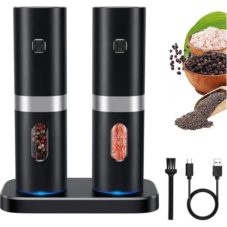 Forrlite Elektrische Salz-/Pfeffermühle und Pfeffermühle 2er Set, USB Aufladbar, Keramikmahlwerk, Einstellbare Feinheit, Edelstahl und Glas