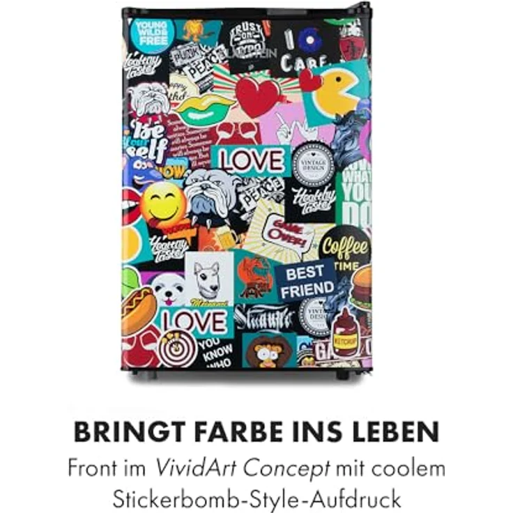 Klarstein Cool Vibe Kühlschrank, 70 Liter, Tür mit Stickerbomb-Design, Eisfach, Geräuschentwicklung 42 dB, schwarz – Bild 3