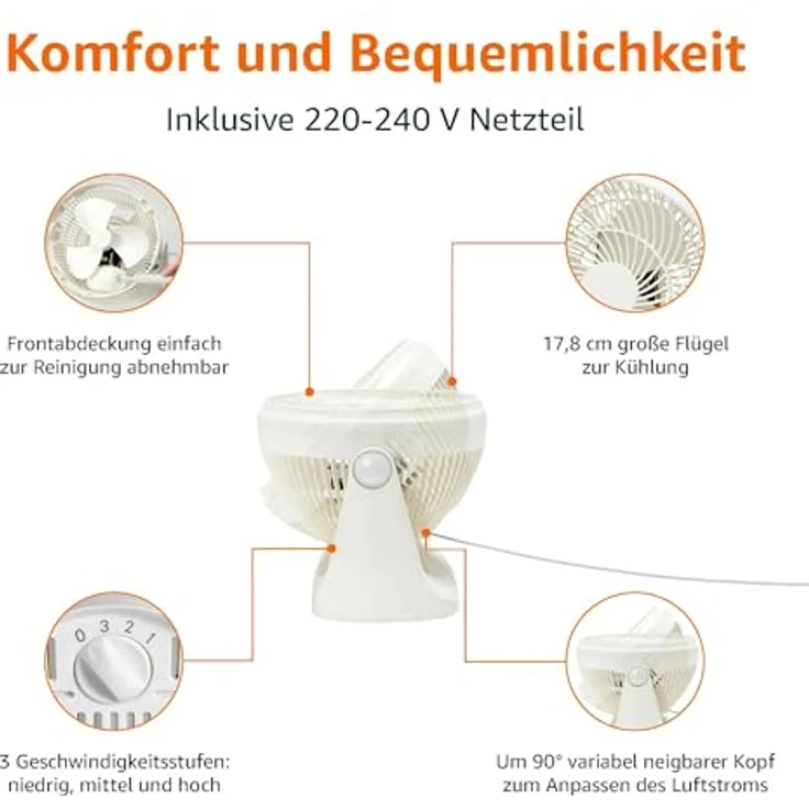 Amazon Basics Tisch-Ventilator, 18 cm, geräuscharme Kühlung, 3 Geschwindigkeiten, 90° verstellbarer Winkel, Weiß, 15,49 x 27,3 x 27,69 cm – Bild 3