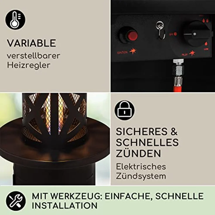 Blumfeldt Terrassenheizer, Outdoor-Gasheizstrahler, Heizpilz Gas für Terrasse, Garten & Balkon, Terrassen-Heizer mit Elektrischer Zündung, 360°Flammen-Blick, Gas-Heizstrahler mit Bodenrollen – Bild 3
