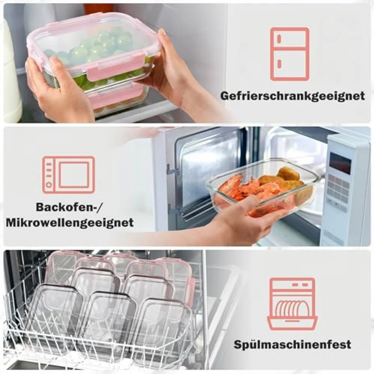 YASHE Glasbehälter Set mit Deckel, 10-teilig, stapelbar, luftdicht, BPA-frei, Rosa, für Mikrowelle, Gefrierschrank & Spülmaschine – Bild 5