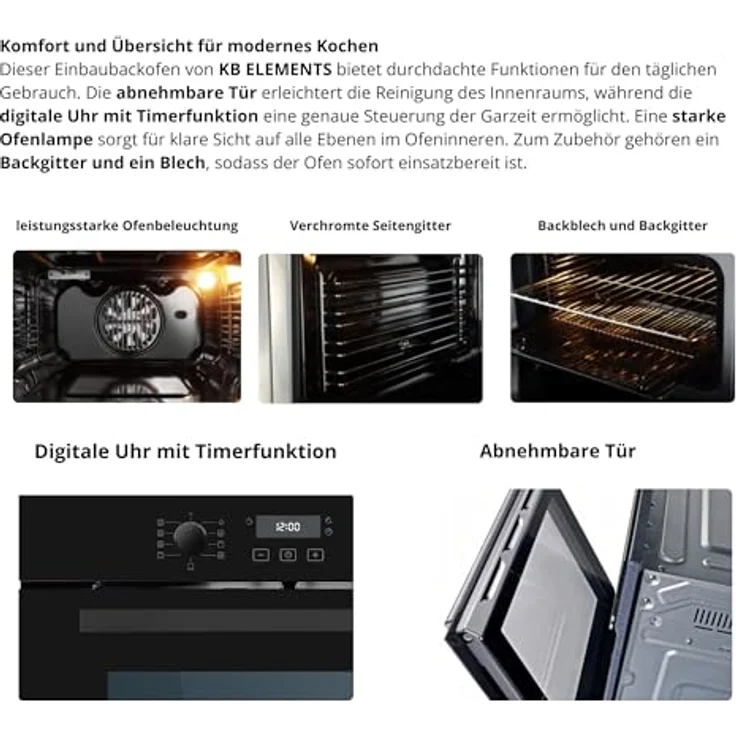 KB ELEMENTS ELK75EV1 Einbaubackofen 60 cm, 73 Liter, Aqua Clean, Circle Fan Heater, Wide-Screen-Window, versenkbare Drehknebel, 3000 Watt – Bild 4