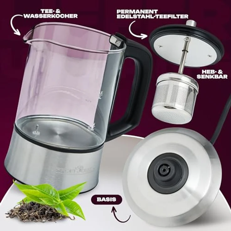 Profi Cook PC-TK 1165 1165-2 in 1-Tee-und Wasserkocher, Permanent Edelstahl-Teefilter (heb-und senkbar), 0,5 L Füllmenge, Warmhaltefunktion, Glas--Edelstahlgehäuse, Schwarz-Silber – Bild 4