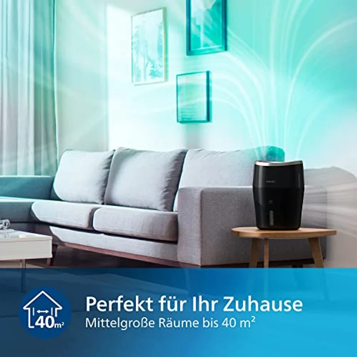 Philips Luftbefeuchter HU4814/10 (bis zu 40 m², hygienische NanoCloud-Technologie, leiser Nachtmodus, Automodus, 2 Liter Wasserbehälter) schwarz – Bild 3