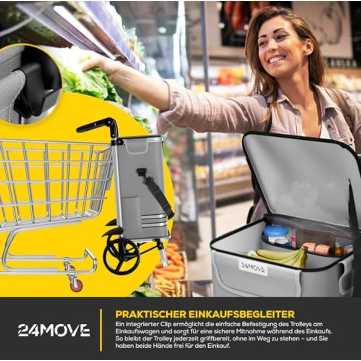 24MOVE® Einkaufstrolley Vehlo, klappbar mit 55L Kühlfach, faltbarer 3in1 Trolley - Sackkarre und Tasche, grau, bis 30kg belastbar – Bild 4