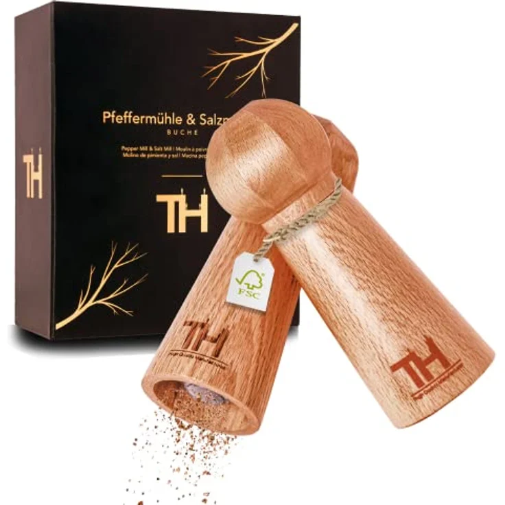 Thiru Profi Salz und Pfeffermühle Set - patentiertes Keramikmahlwerk - inkl. Untersetzer & Reinigungspinsel - Eiche Massivholz klein – Bild 1