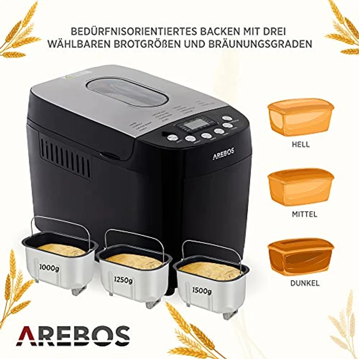 Arebos Brotbackautomat 1500g | mit 15 Programmen | 2 Knethaken | Timer | LCD Display | 3 Bräunungsgrade und Brotgrößen | 850 W | Schwarz – Bild 4