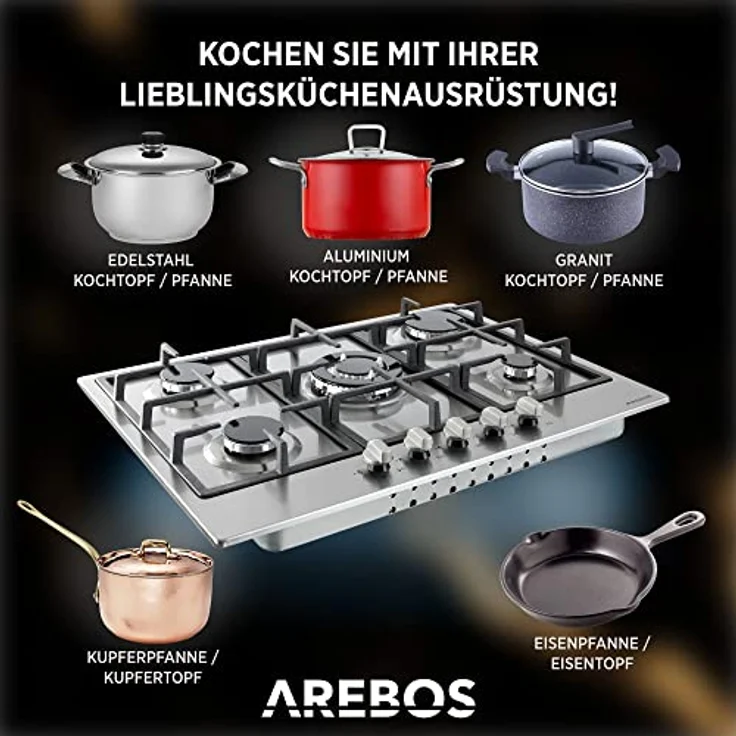 Arebos Gaskochfeld 5 Flammig | Edelstahl Gasherd mit automatischem Flammenschutz | Erd- oder Propangas | Autark und effizient – Bild 4