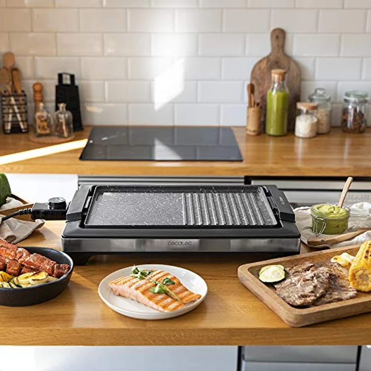 Cecotec Elektrische Grillplatte Tasty&Grill 2000 InoxStone, 2000 W, Edelstahlfinish, antihaftbeschichtete Grillfläche, großer Temperaturregler, 37,5 x 24,5 cm Kochfläche – Bild 2