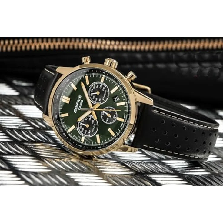 Casio Edifice Chronograph Herrenuhr Schwarz/Grün EFR-575CL-3AEF, Quarz, Kalender, schwarzes Lederband – Bild 3