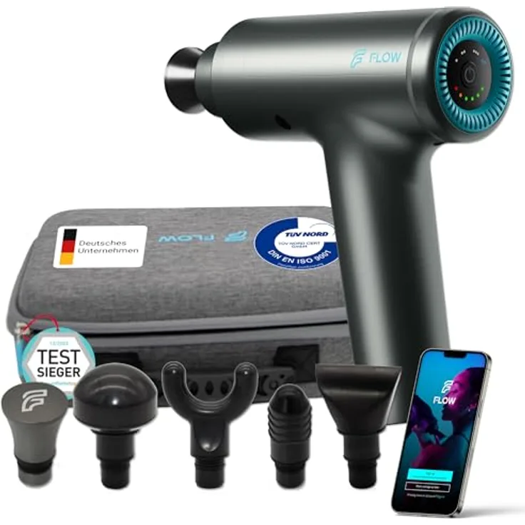Flow FLOW® MOVE Massagepistole. TÜV zertifizierte Qualität mit 5 Massageköpfen & 4 Massagestufen USB-C Ladeanschluss 12mm Amplitude Ultra leise Massagegun Muskel Massagegerät Muskelpistole