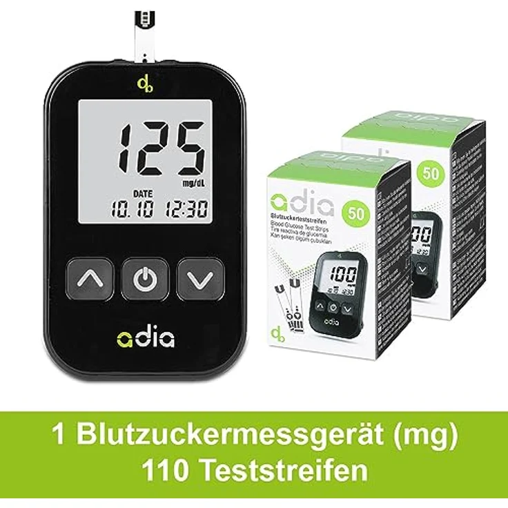 adia Diabetes-Starter-Set inkl. Blutzuckermessgerät (mg/dl) mit 110 Blutzuckerteststreifen, Stechhilfe und Lanzetten – Einfache Selbstkontrolle bei Diabetes – Bild 2
