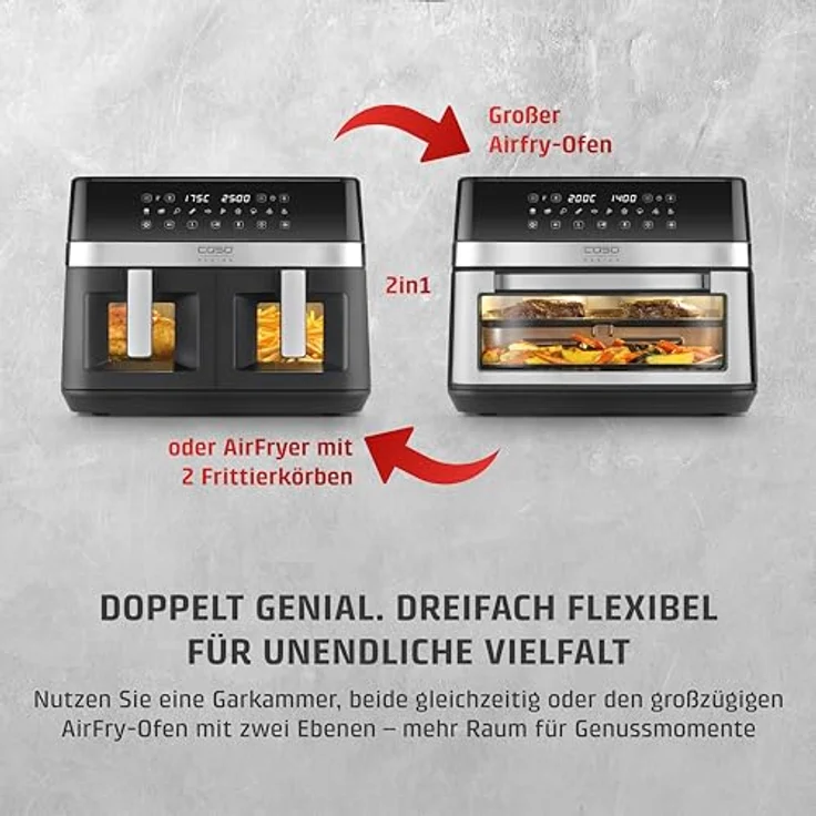 Caso Heißluftfritteuse 3186 Design AirFry DuoChef, 14 l Dual-Kammer, 2200 W, energiesparend und schnell – Bild 3
