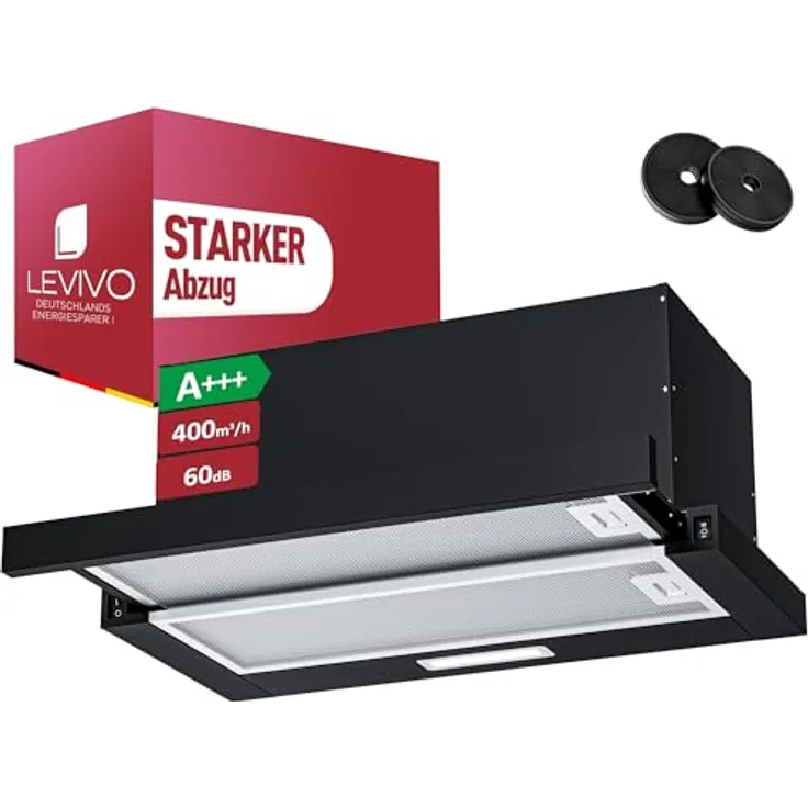 LEVIVO A+++ Flachschirmhaube 60cm, Dunstabzugshaube für Umluft & Abluft mit 400 m³/h, 2 Aktivkohlefiltern, 2 Fettfiltern, 2 Stufen, LED-Licht, Schwarz