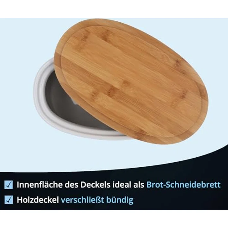 KHG Brotkasten Weiß Keramik Steingut Holzdeckel Bambus, Aufbewahrung Brot oval, Deckel als Schneidebrett, glänzend glasiert mit Emaille, Lüftungslöcher, Landhaus Vintage Stil, beschriftet – Bild 4
