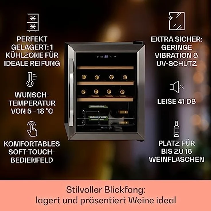 Klarstein Vinamour 16 Uno Weinkühlschrank, freistehend, silber, 16 Flaschen, Energieklasse G – Bild 3