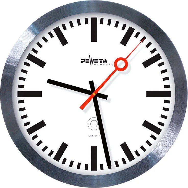 Peweta Funkwanduhr DCF77 (mit Bahnhof-Sekundenzeiger, breiter silberner Rand, Ø 30 cm)