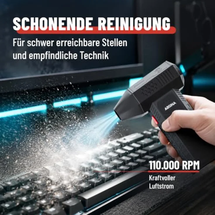 ABSINA Druckluft Staubgebläse, wiederaufladbar mit 110.000 U/min, 4 Düsen, kabelloses Akku Gebläse, 120W Motor, leicht und kompakt – Bild 2