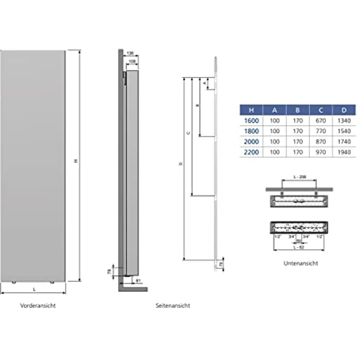 Belrad Vertikal Heizkörper Plan T22 2000 x 500 (HxB)-1886W, Hochwertige Stahlkonstruktion, Weiße Pulverbeschichtung – Bild 4