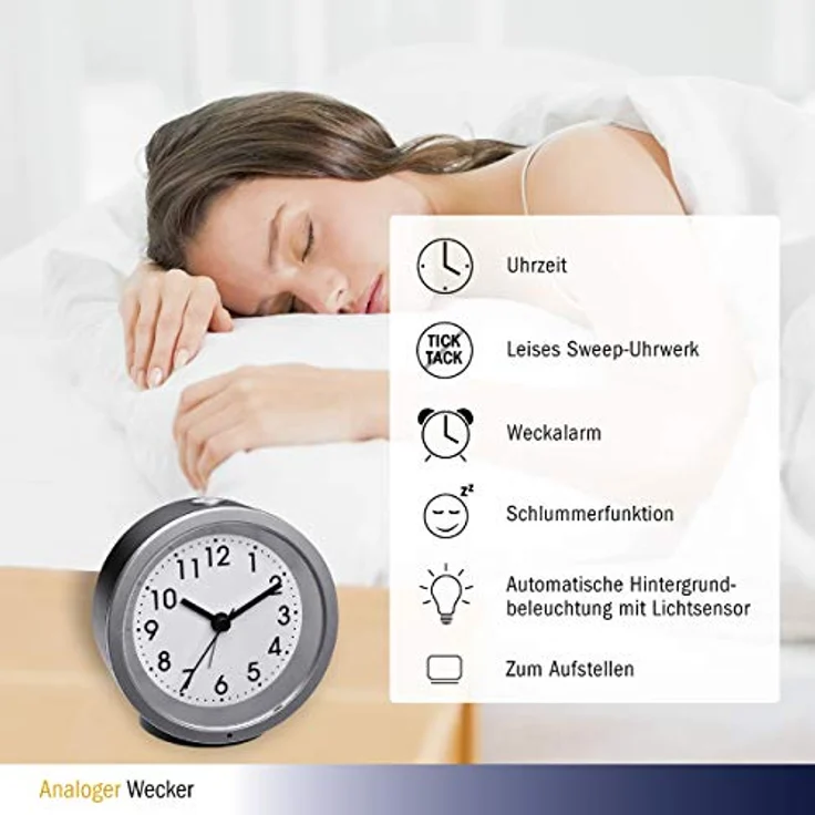 TFA Dostmann Wecker, analoger Wecker mit sanfter Nachtbeleuchtung und Snooze-Funktion, schwarz – Bild 3