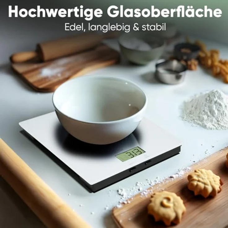 Clatronic KW 3820 Küchenwaage digital, 5 kg, hohe Präzision mit 1 g Schritten, Zuwiegefunktion, stabiles Glas, weiß – Bild 4
