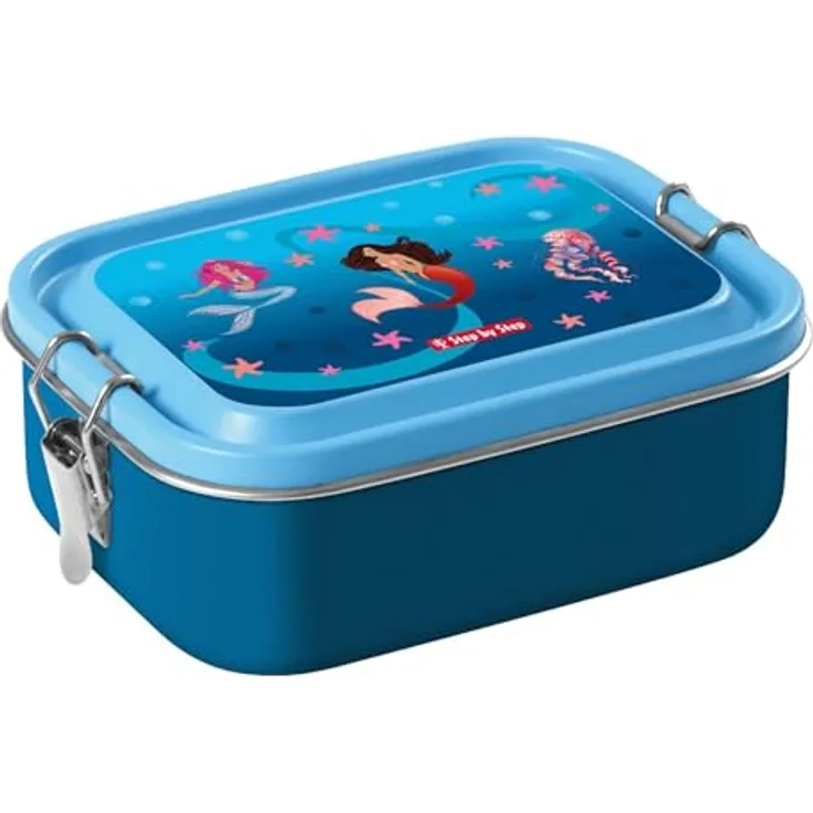 Step by Step Edelstahl-Lunchbox „Sweet Mermaid“, 0,8 Liter mit herausnehmbarer Trennwand, Clip-Verschluss und BPA-frei, blau