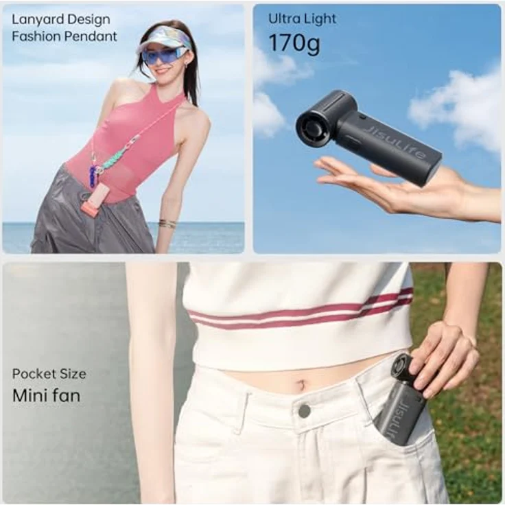JISULIFE Tragbarer Handventilator Turbo-Power, 5-Gang-Wind, 5000 mAh wiederaufladbar, 18 Stunden Akkulaufzeit, Mini-Taschendesign – Schwarz – Bild 5