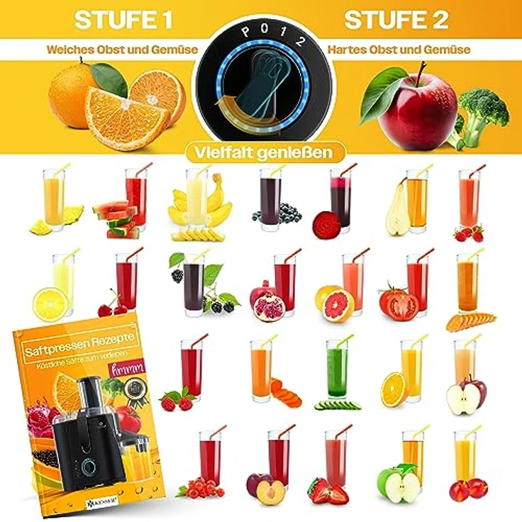 KESSER Entsafter für Obst und Gemüse, aus Edelstahl, 1100W, große 85 mm Einfüllöffnung, inkl. Reinigungsbürste und Saftbehälter, 3 Geschwindigkeitsstufen, Saftpresse Juicer, schwarz – Bild 6