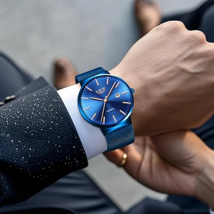 LIGE Herren Uhr Blau, Analoge Quarz-Armbanduhr mit Roségold-Zeigern, Kalender und Edelstahl-Gitterband, 3ATM wasserdicht, Luxus für Business und Freizeit – Bild 5