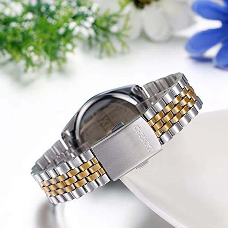 JewelryWe Paar Uhr Analog Quarz mit Kalender, 30M wasserdicht, Edelstahlarmband, Herren- und Damenmodell, Gold Strass Zifferblatt – Bild 5
