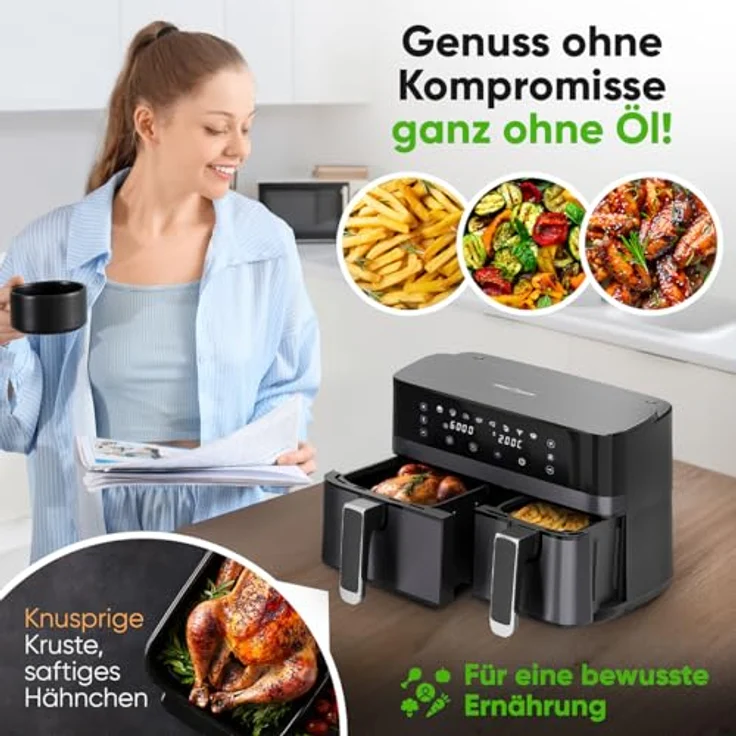 ProfiCook Heißluftfritteuse PC-FR 1295 H, Zeitgleich-fertig-System, 9L, 2 Kammern, Edelstahlfront – Bild 5