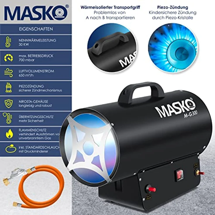 MASKO Gasheizgebläse Gasheizer Heizkanone Gasheizstrahler Bauheizer Gas Heizgerät heizstrahler Heißluftgenerator inkl. Gasschlauch & Druckminderer Heizgebläse für handelsübliche Gasflaschen Schwarz, 30 kW,  – Bild 2
