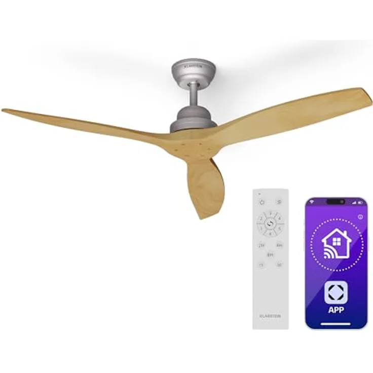 Klarstein Santa Elena Deckenventilator, 132 cm, 6 Geschwindigkeiten, leise, Echtholzflügel, Sommer- & Wintermodus, Smart App & Fernbedienung, Ahorn