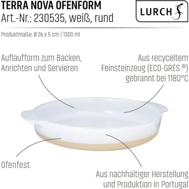 Lurch Terra Nova Ofenform rund, Keramik Ø26x5cm, weiß/creme, temperaturbeständig bis 250°C, leicht zu reinigen, 1300ml Volumen – Bild 2
