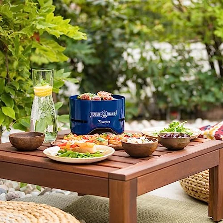 Feuerhand Tischgrill Tamber in Blau | Grillrost aus Emaille | Anti-Haft | raucharme Verbrennung | Ablaufrillen für Fett und Speiseflüssigkeiten | mit Tischgrill-Kohle – Bild 2