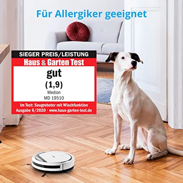 Medion MD 19510 Saugroboter mit Wischfunktion und systematischer Navigation (Modell 2020, Gyro, 90 Min. Laufzeit, bis zu 100qm, für Hartböden, Teppiche, Fliesen, Laminat, Tierhaar optimiert, MD 19510) – Bild 2
