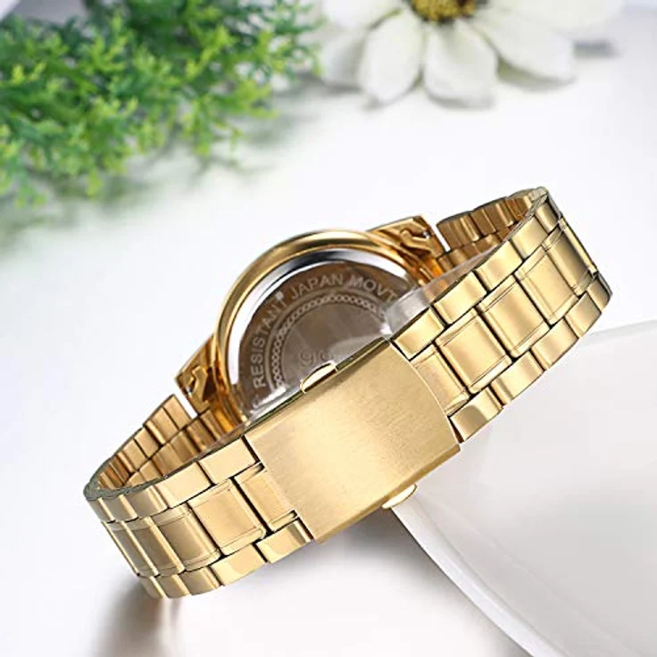 JewelryWe Armbanduhr für Damen und Herren, Edelstahl Gold, 3D Drache Zifferblatt, Leuchtzeiger, Diamantskala, wasserdicht – Bild 4