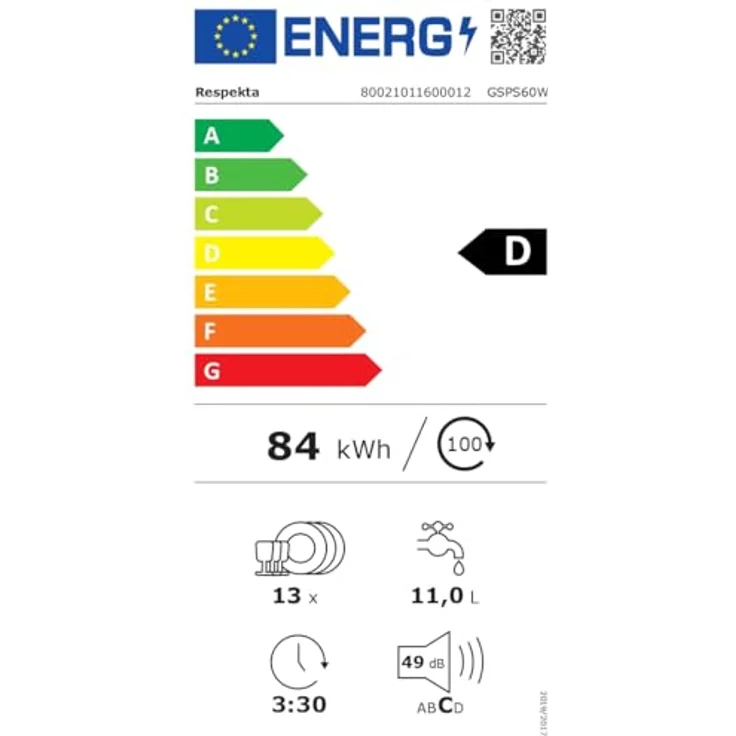 Respekta Geschirrspüler RSK60, freistehend oder unterbaufähig, 13 Maßgedecke, Energieeffizienzklasse D, 49 dB(A), fünf Programme, weiß – Bild 12