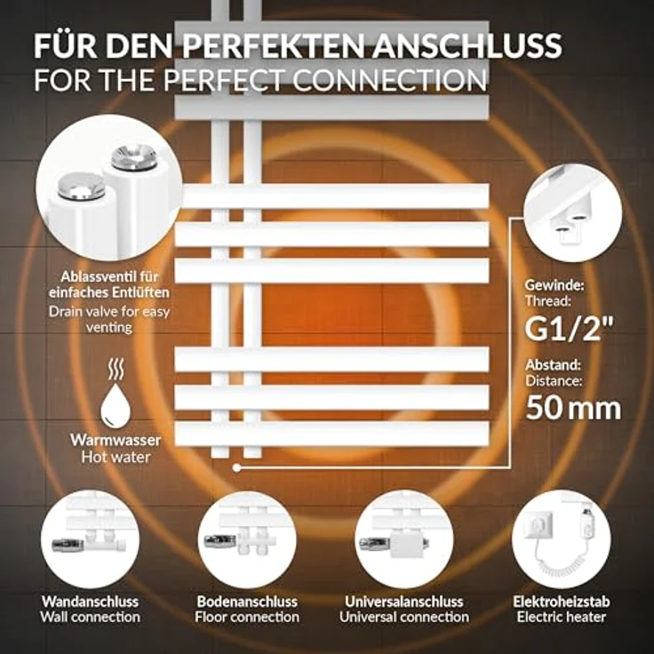ECD Germany Design Badheizkörper 500 x 1000 mm, Weiß, Flach, Heizkörper mit Handtuchwärmer und einfacher Montage – Bild 4