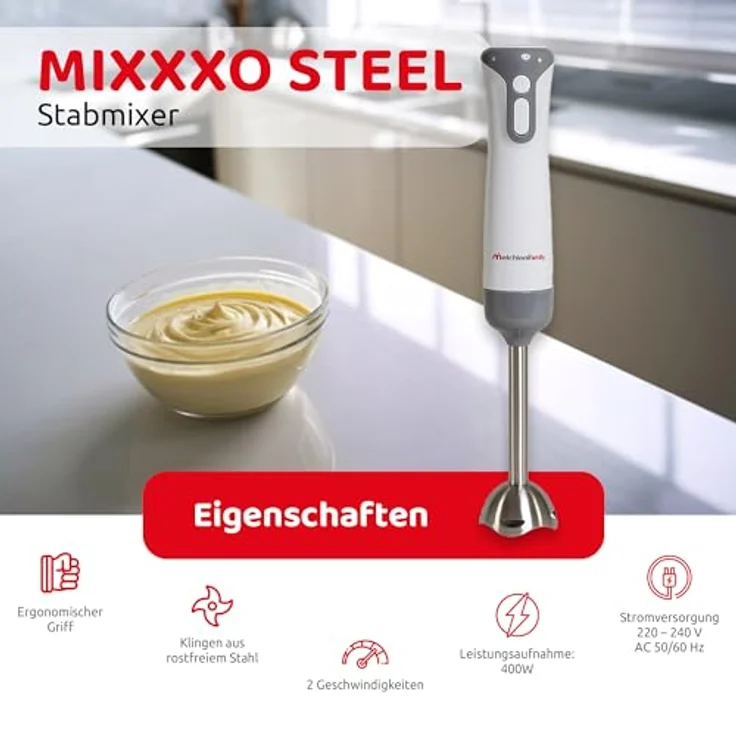 Melchioni Family MIXXXO STEEL Stabmixer mit Stahlfuß 400W, Weiß – Bild 3