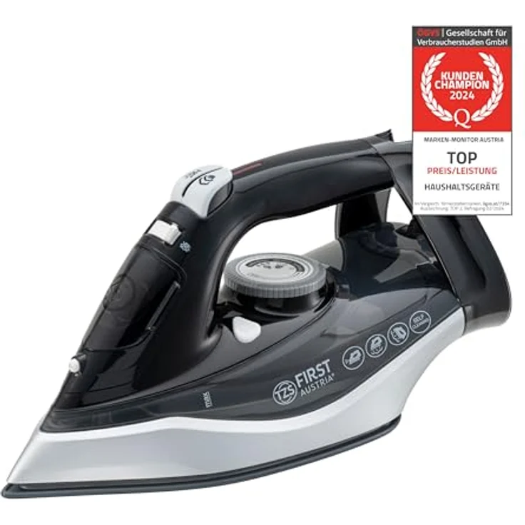 TZS First Austria Dampfbügeleisen I 2290-2720W I Keramiksohle I Selbstreinigung I Vertikaldampf I Anti-Kalk I Trockenbügeln I 0,3l Wassertank I 1.2 kg | Schwarz – Bild 1