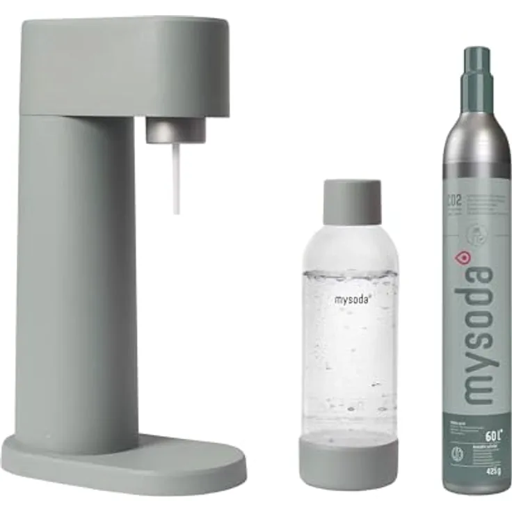 Mysoda Woody Set - Wassersprudler aus erneuerbarem Holzkomposit Material mit Quick-Lock BPA-frei Plastikflasche und CO2-Zylinder - Salbeigrün (Pigeon)