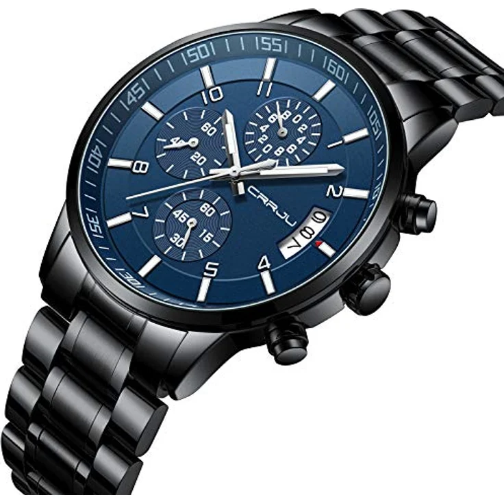 CRRJU Herren Chronograph Armbanduhr, wasserdicht, Edelstahlarmband, analog, Quarzwerk mit Kalender, Schwarz Blau Silber – Bild 2