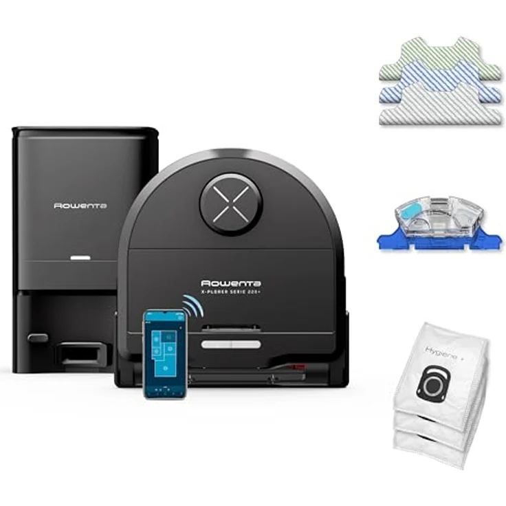 Rowenta Xplorer S220+ Animal & Allergy Nass-Trocken-Saugroboter, Lasernavigation, 120 min Laufzeit, App-Steuerung, vibrierender Wischmopp, Schwarz/Metall, RR9495WH – Bild 1