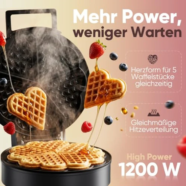 Clatronic WA 3832 Waffeleisen Herzform, 1200 W mit Antihaftbeschichtung und stufenlosem Bräunungsregler, schwarz – Bild 2