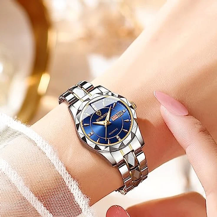 JewelryWe Damenuhr Edelstahl, Blau Analog Quarz Armbanduhr mit Datum, Woche Kalender und leuchtenden Zeigern, 30m wasserdicht – Bild 2